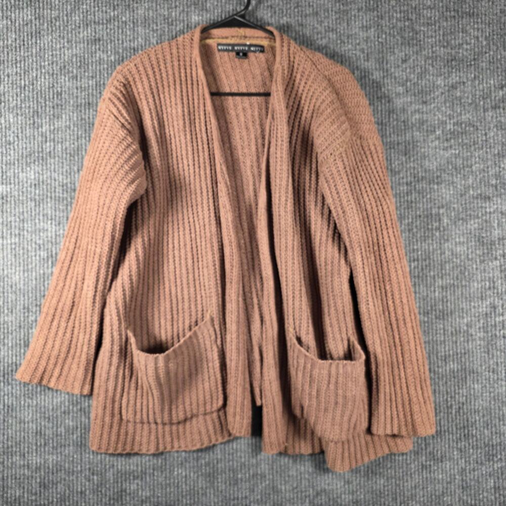 HYFVE Ribbed Knit Cardigan Sweater Open Front Pockets Brown S